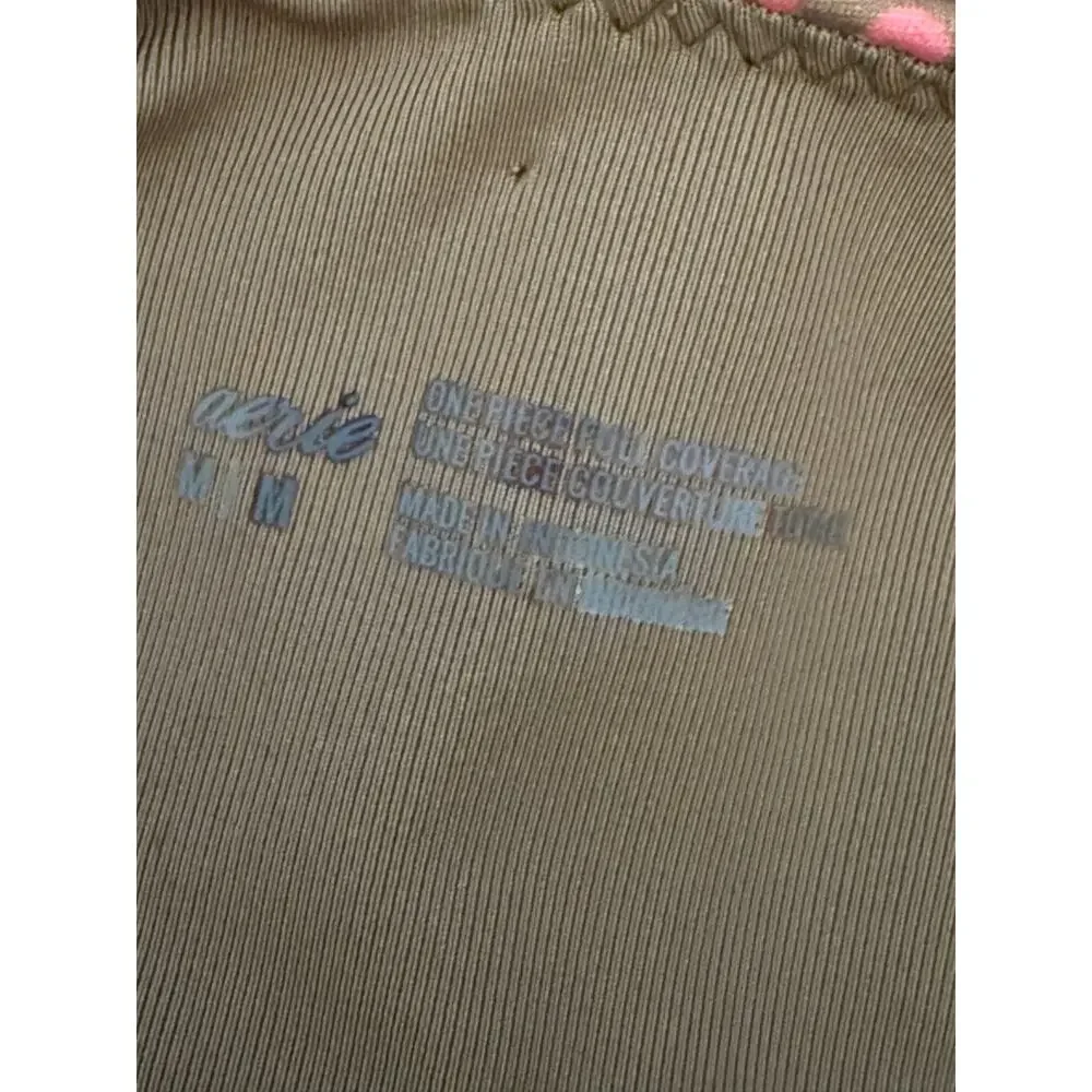 Aerie Wrap Strapless One Piece Swimsuit Brown Pink Dot Print Cutout Tie Front M